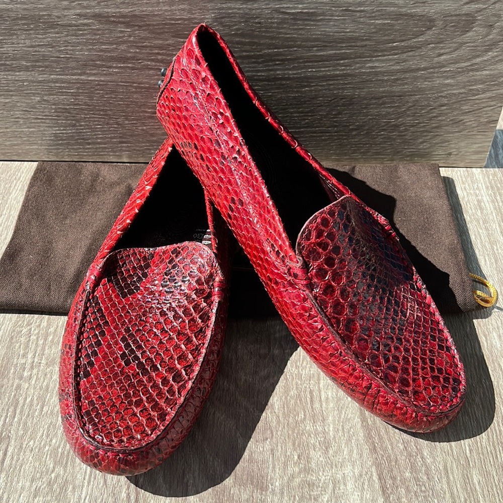 NWOB Auth. Tod’s Exotic Red Snakeskin Gommino Moccasins Driving Loafers